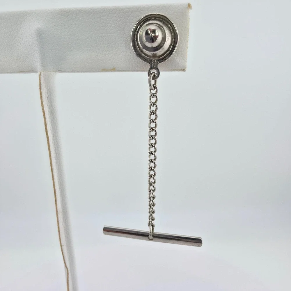 Vtg 1970's Tie Tack Pin Blue Crystal Rivoli Cut Buttonhole Barbell Silver Tone